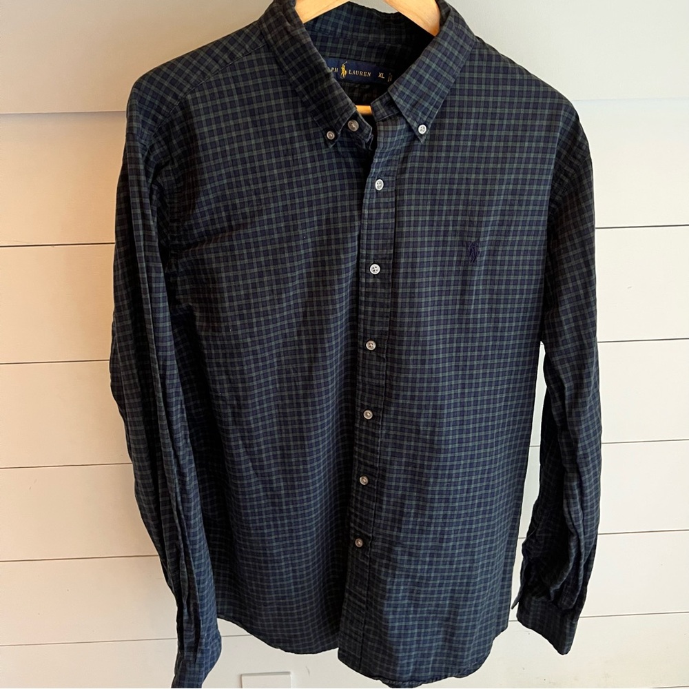 Ralph Lauren Polo Men’s Classic Navy and Green Plaid Button Down Shirt Size XL